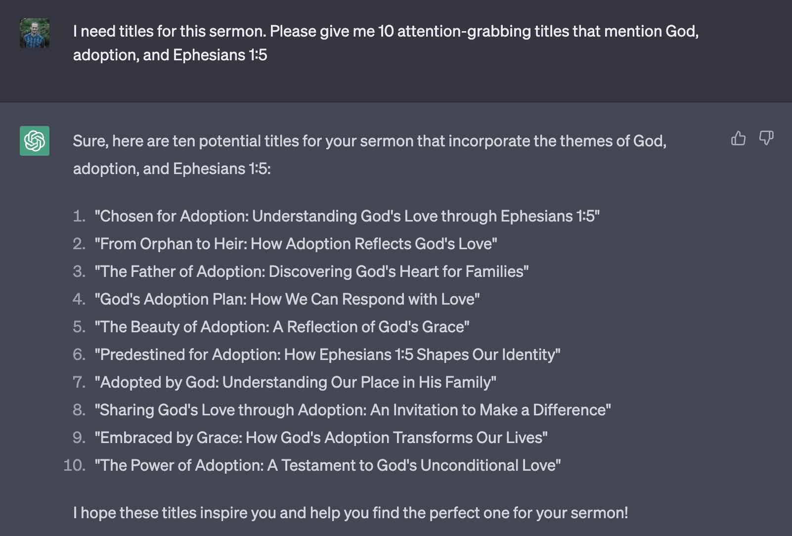 Chat GPT can create several titles for your sermon to choose from