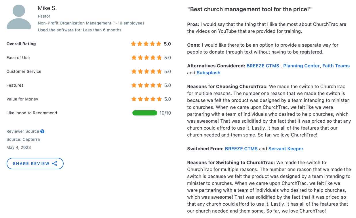 ChurchTrac has hundreds of 5 star reviews
