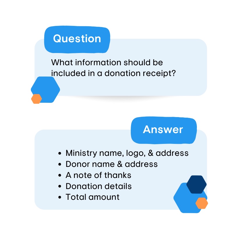 A church donation receipt should include ministry name, logo, address, donor name and address, a note of thanks, donation details, and total amount