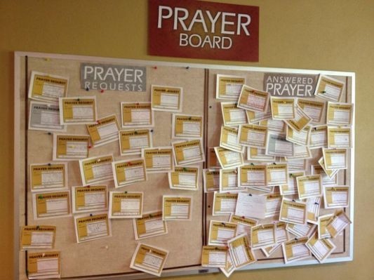 A prayer board with space for praise reports
