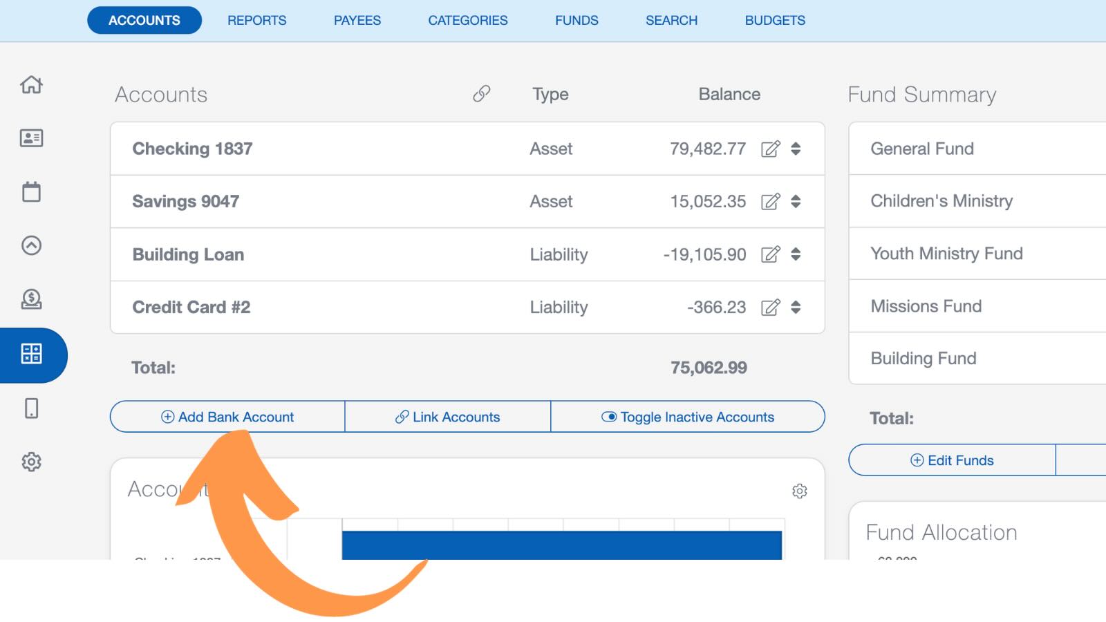 Adding a church bank account into the church accounting feature in ChurchTrac