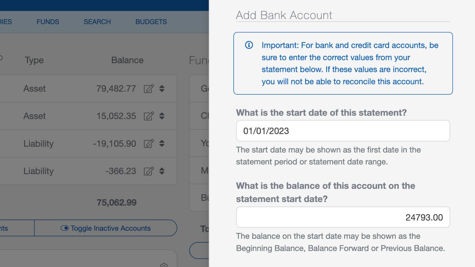 Enter the beginning balance and date of the church bank account for the church accounting feature in ChurchTrac