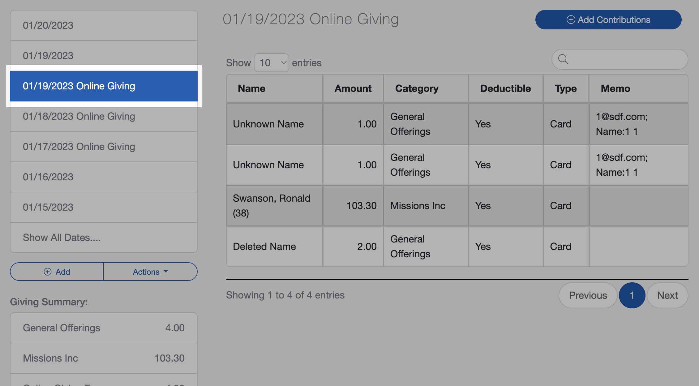 Select an online giving batch in ChurchTrac