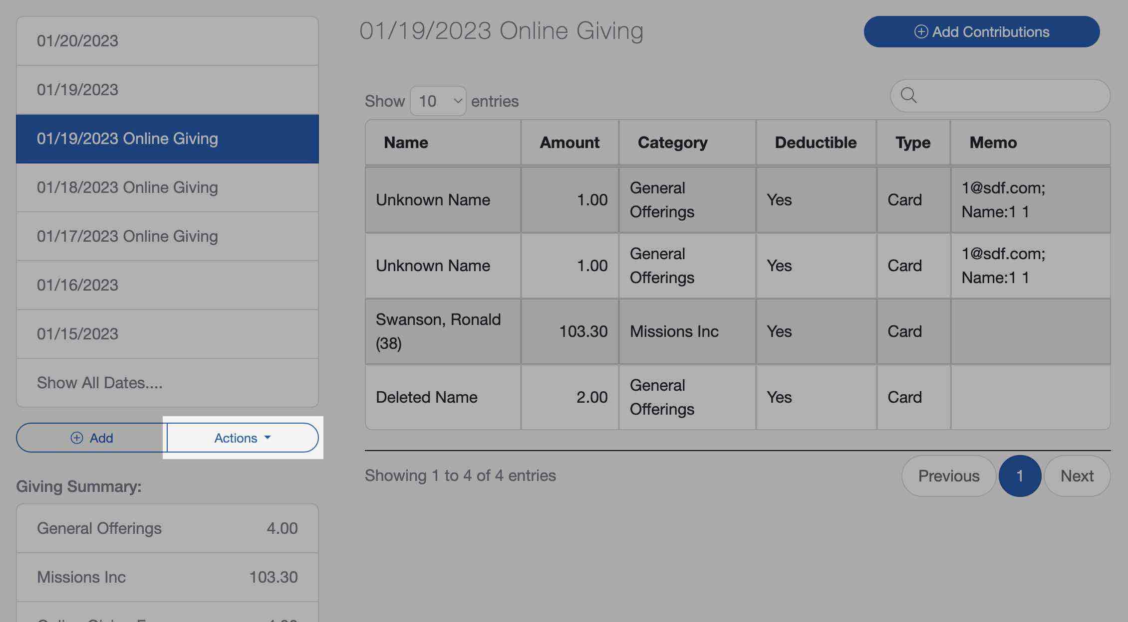 Select the actions button to create a deposit for your church donations