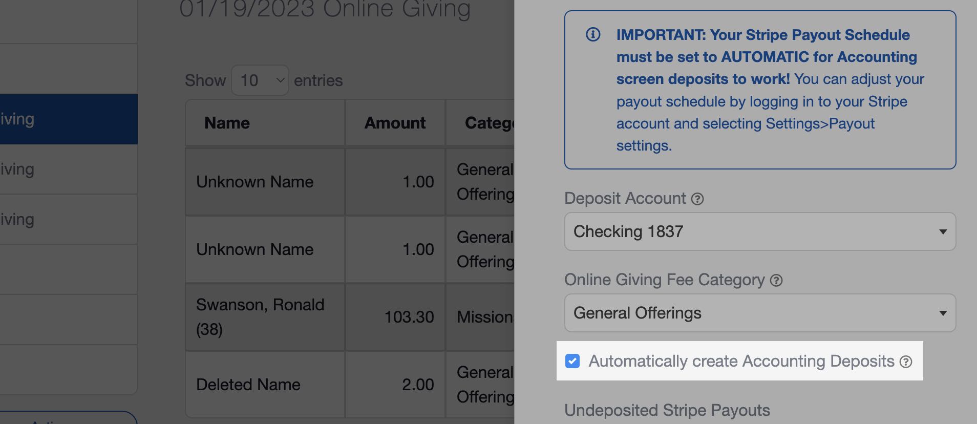 Automatic Online Giving Deposits