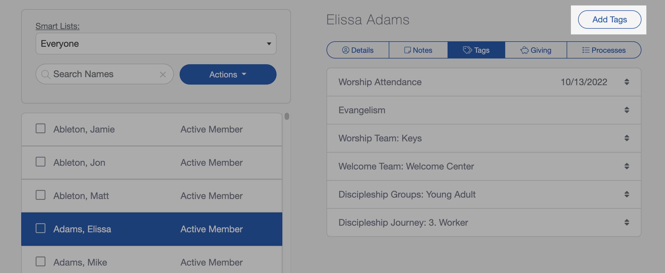 Adding a tag to an individual in your Church Database