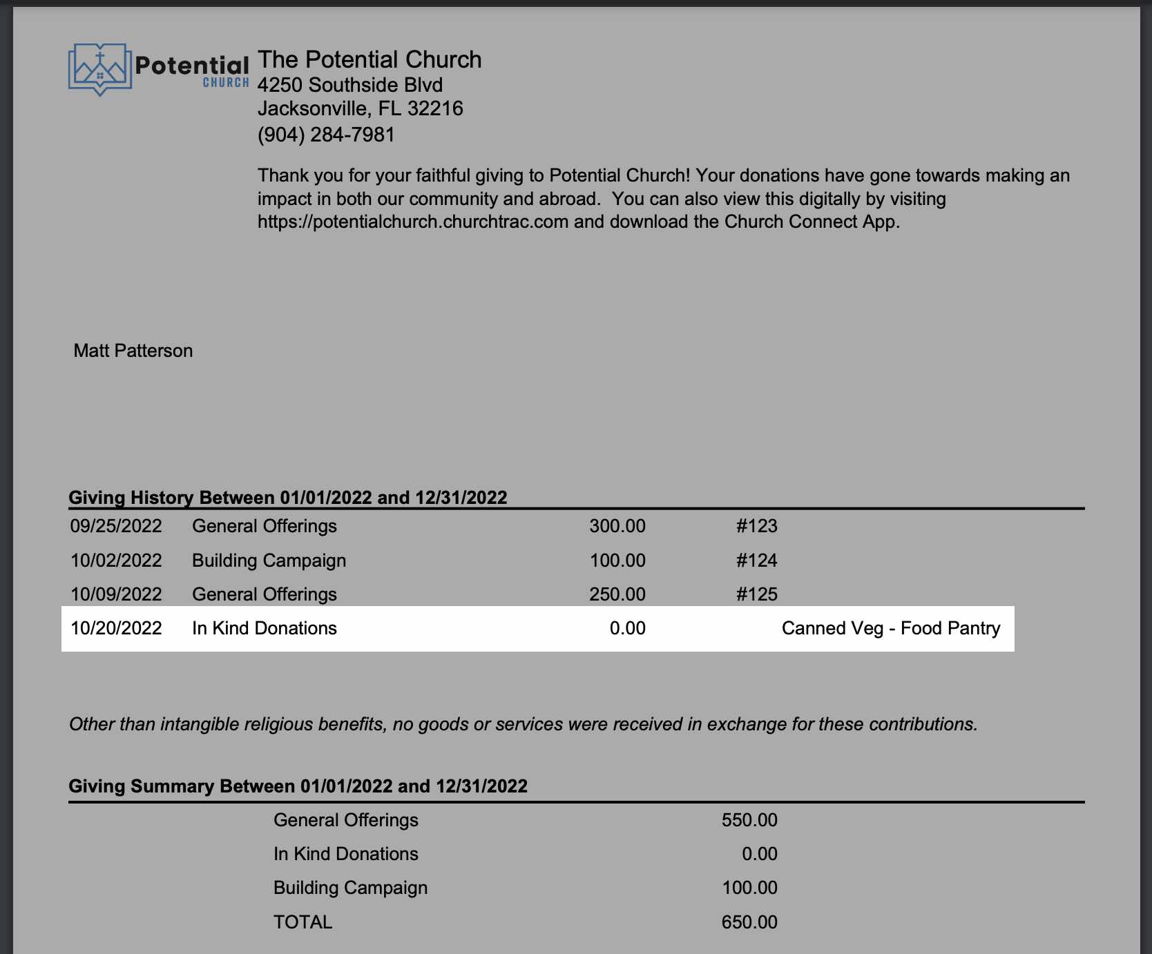 A church giving statement showing the in-kind donation with a zero dollar amount for its value