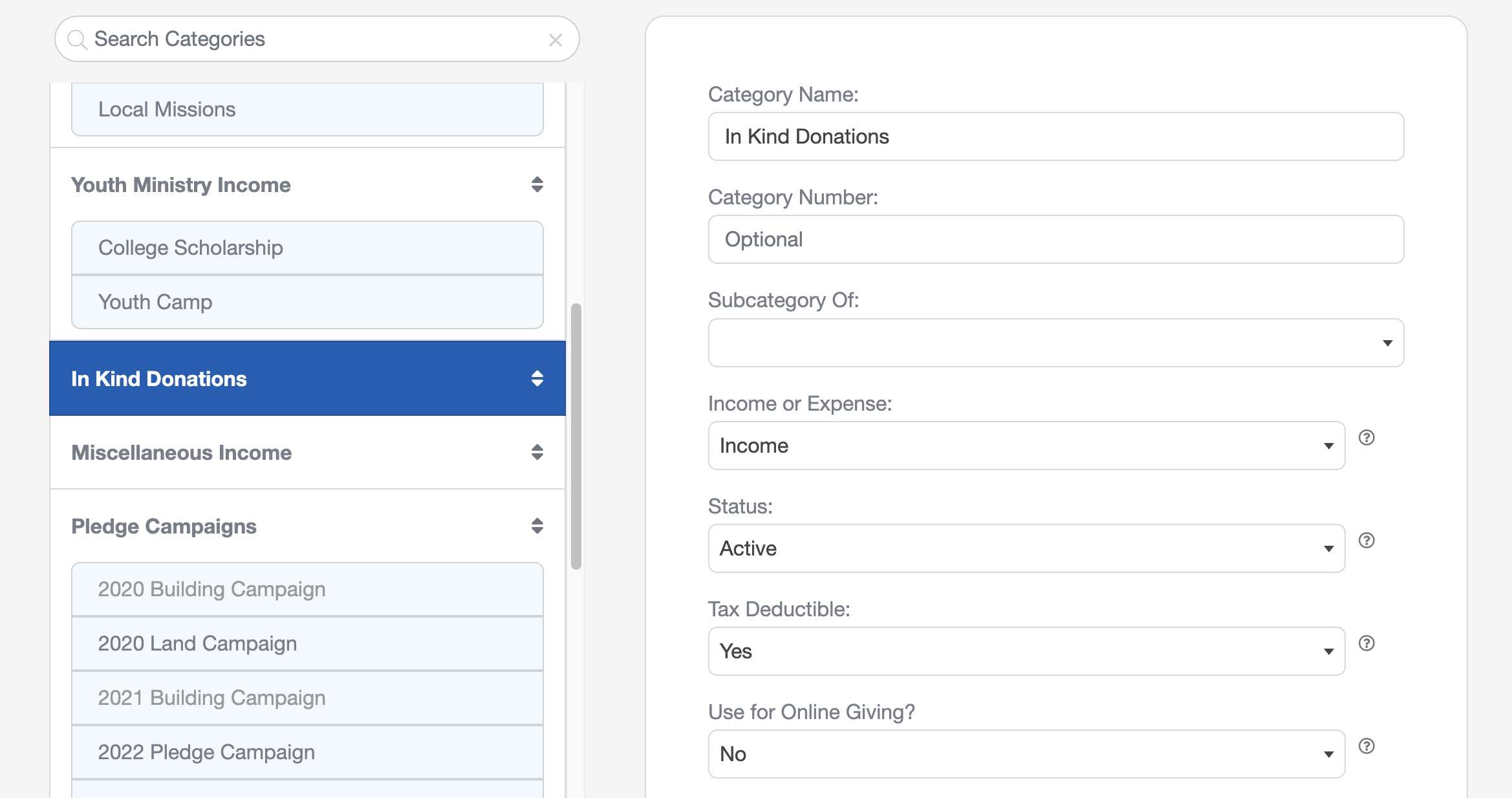 Create an in-kind giving category in the donation software