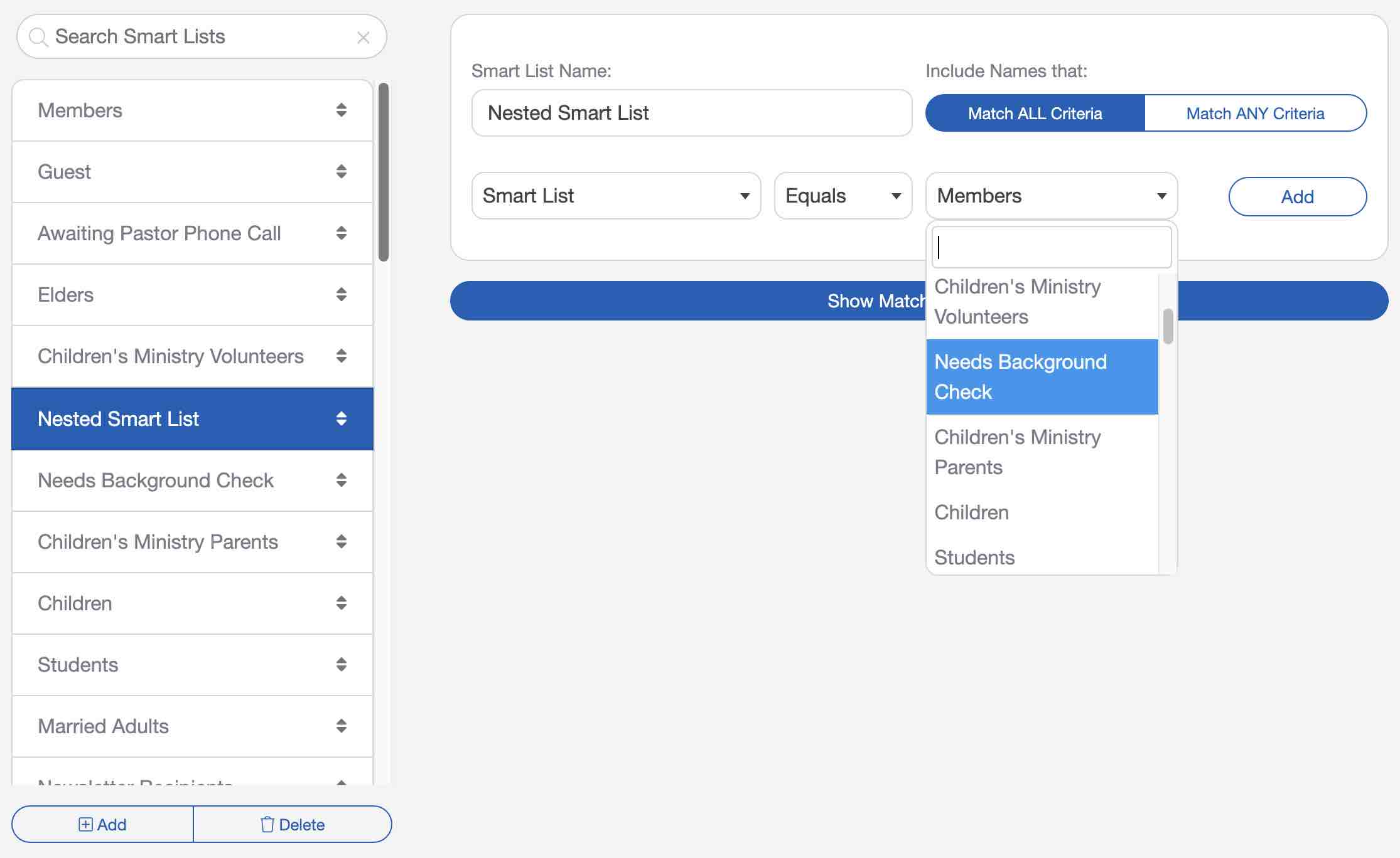 Create nested smart lists to organize your church database