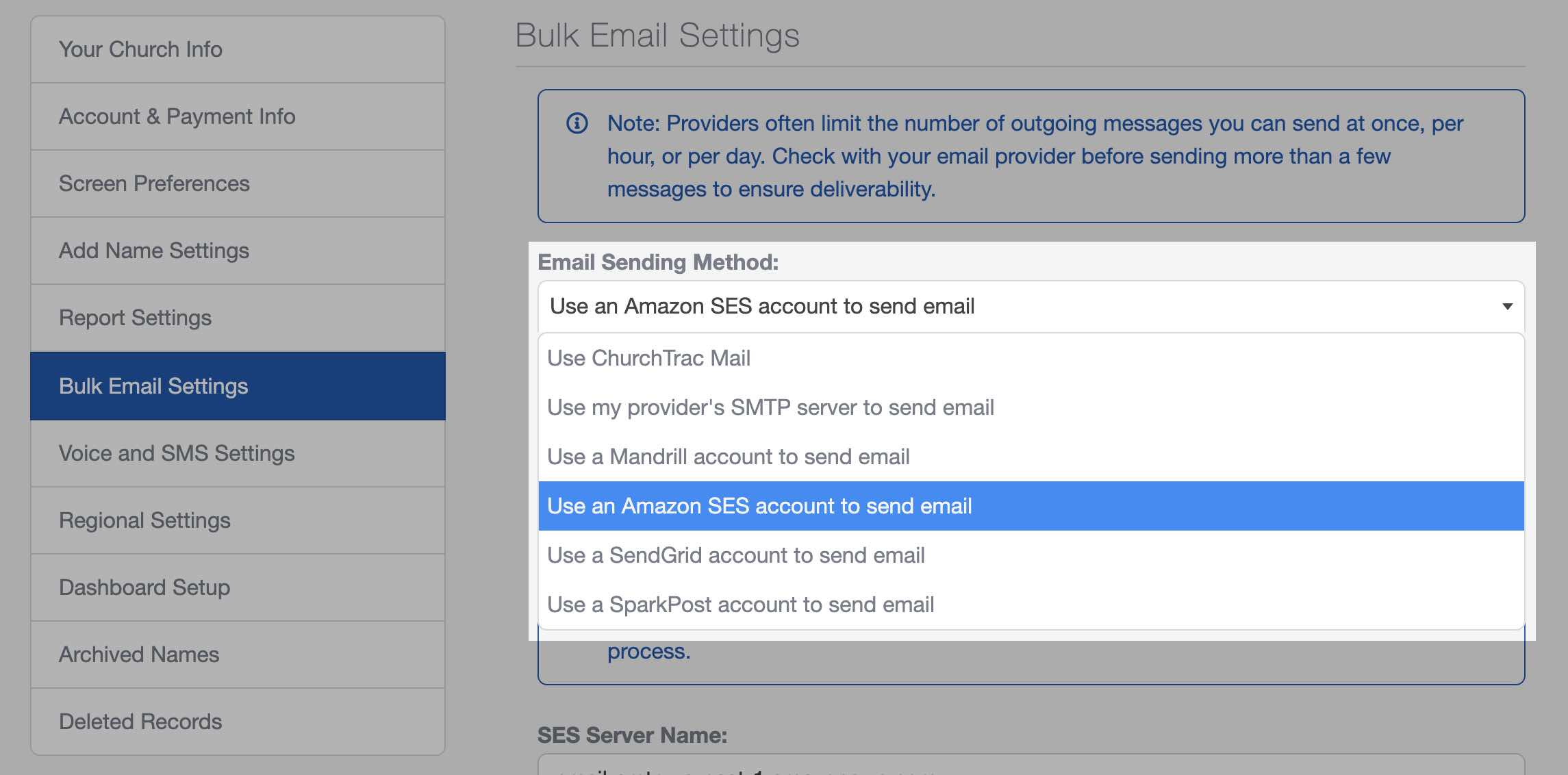 Select Amazon SES as your church mass email method