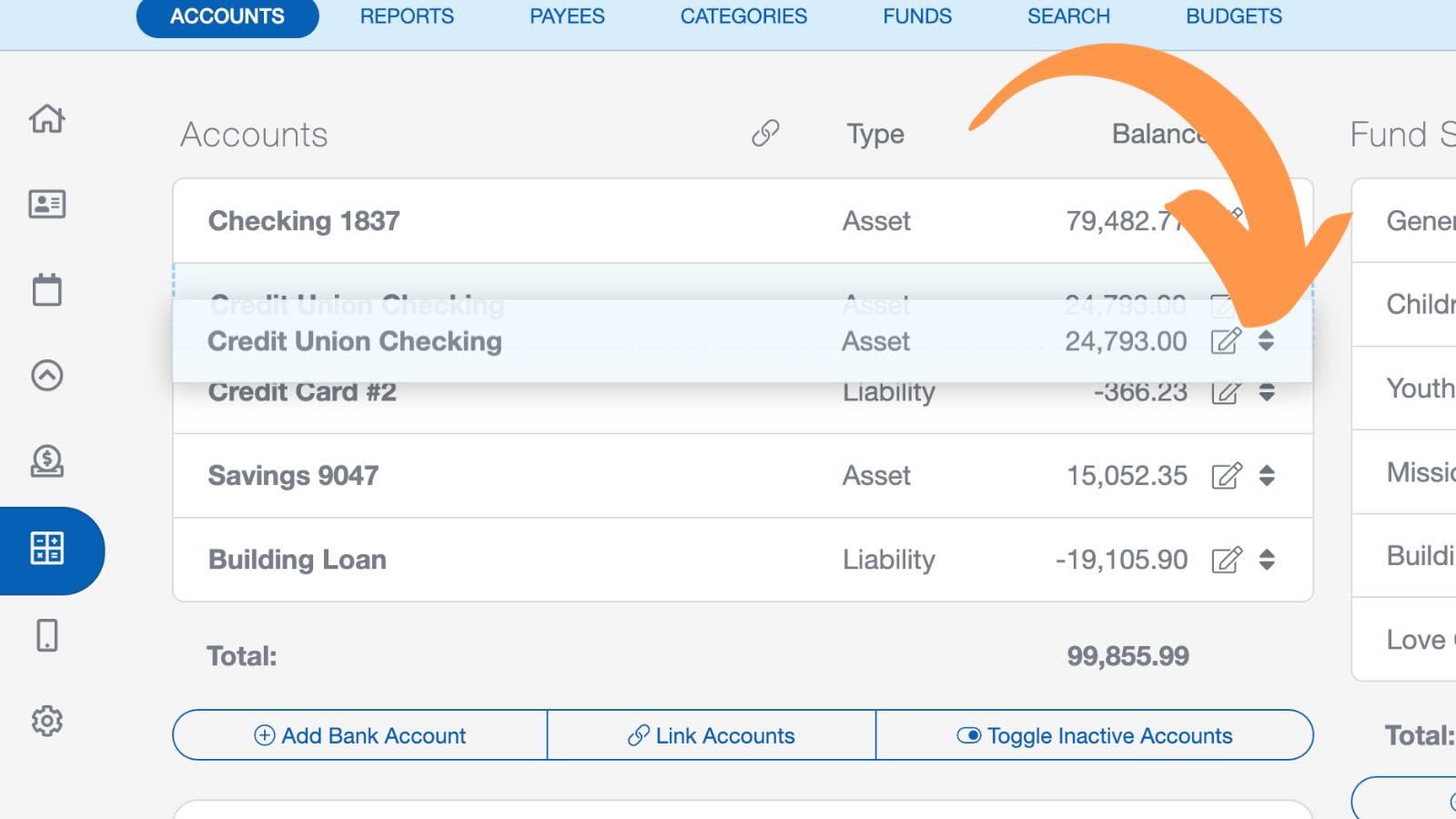 Rearranging your church bank accounts in the church accounting feature in ChurchTrac