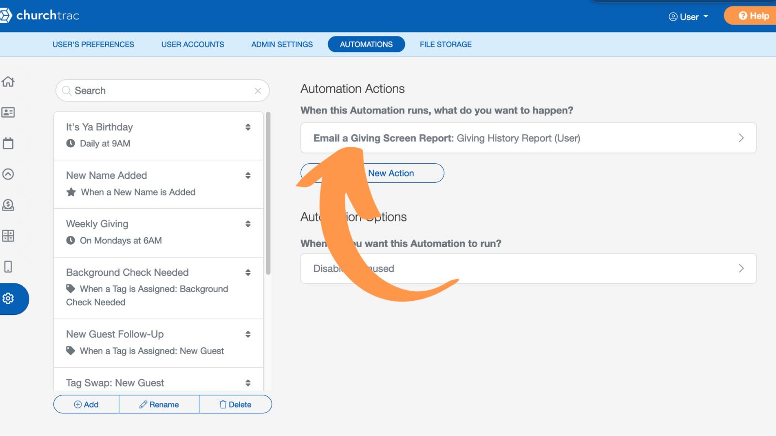 Church Automation Software Actions