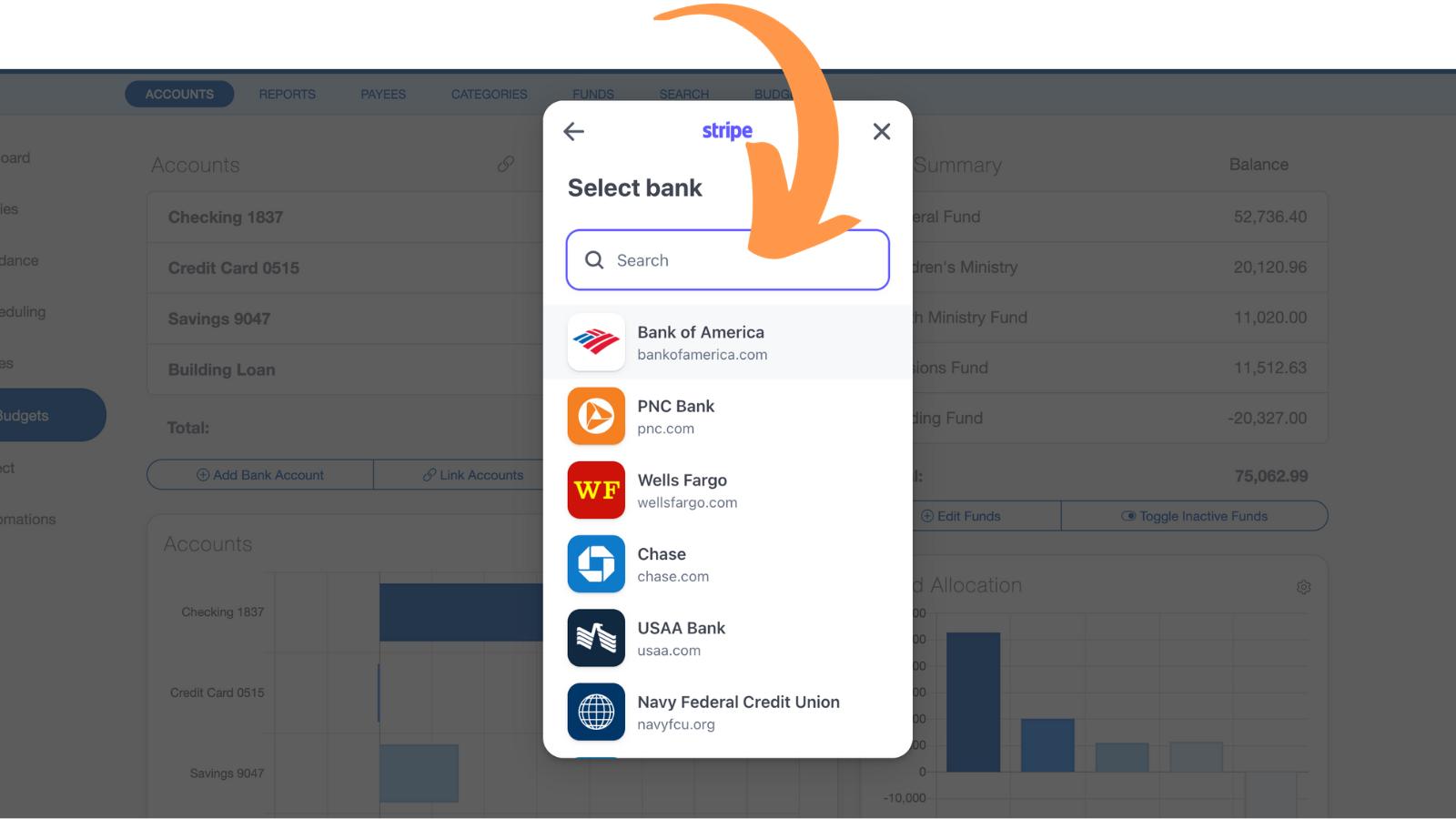 Select the church bank accounts you want to sync to ChurchTrac