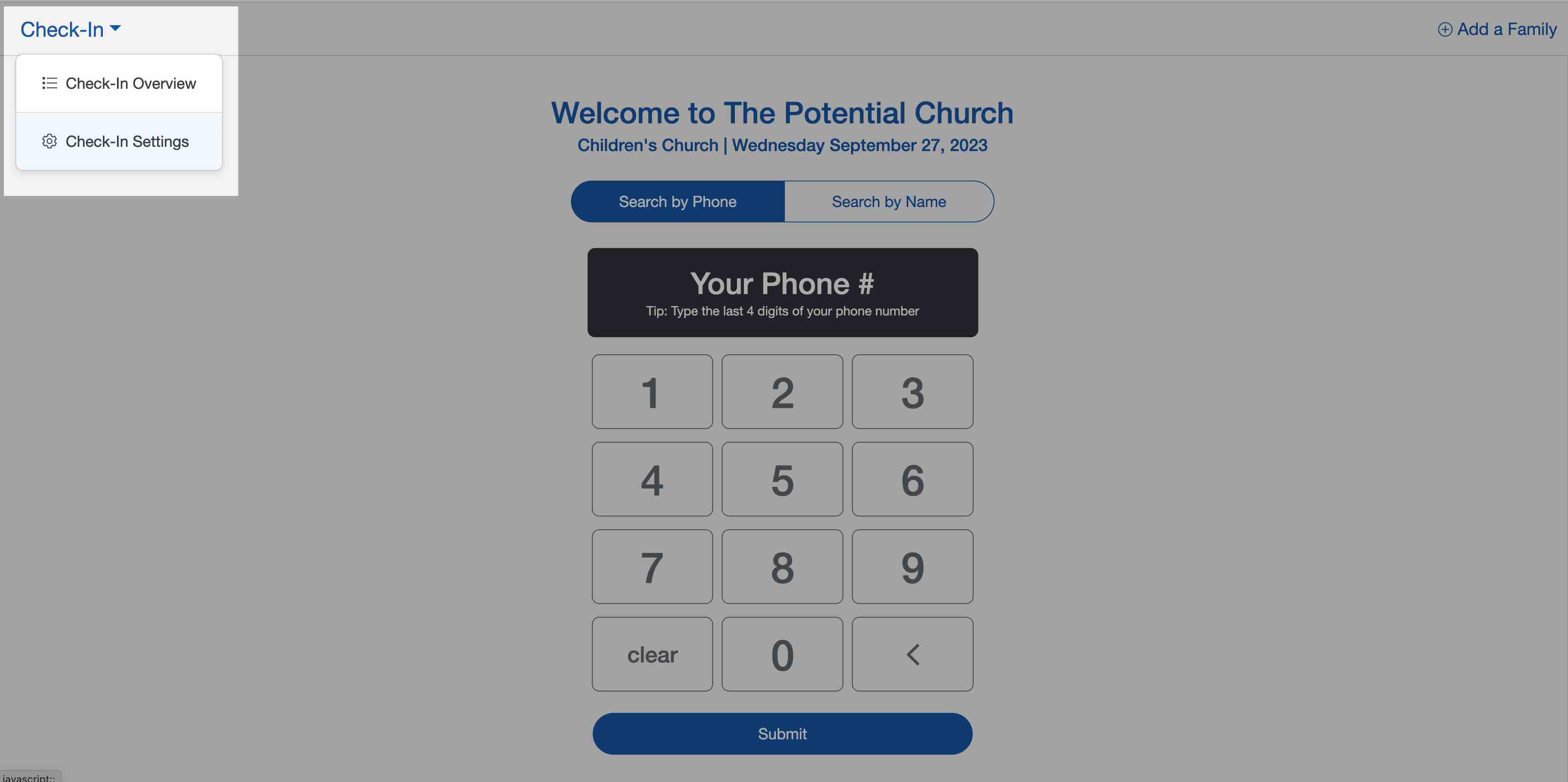 How to access the check in settings menu in the family check in screen