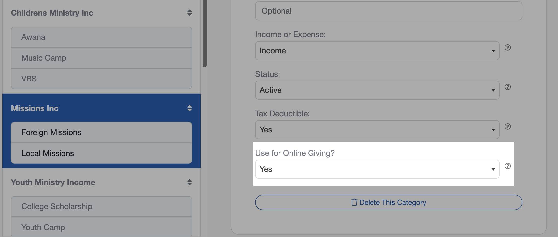 Choose which giving categories appear for online donation in your church's donation portal