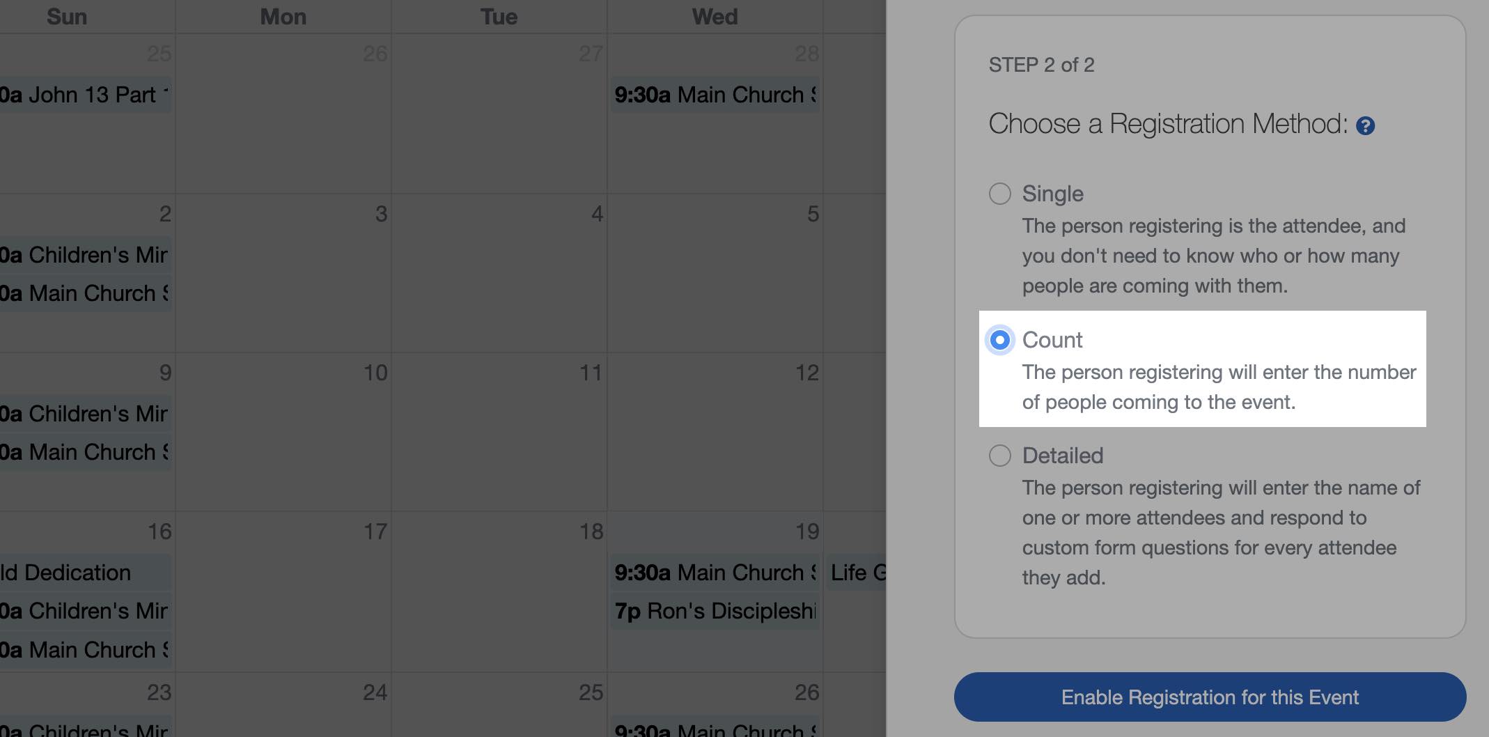 Count Registration for a church event in your church calendar