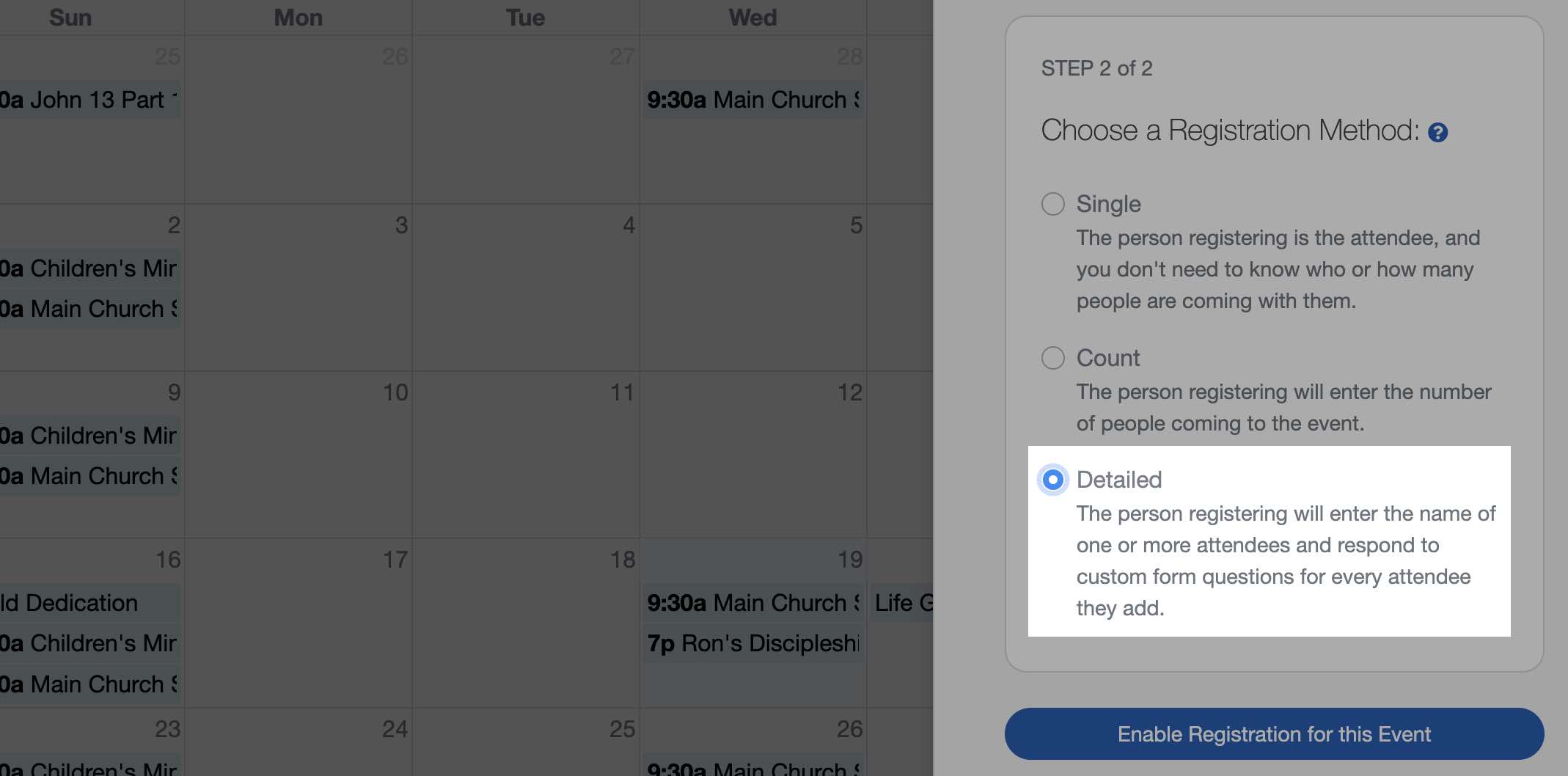 Simple Registration for a church event in your church calendar
