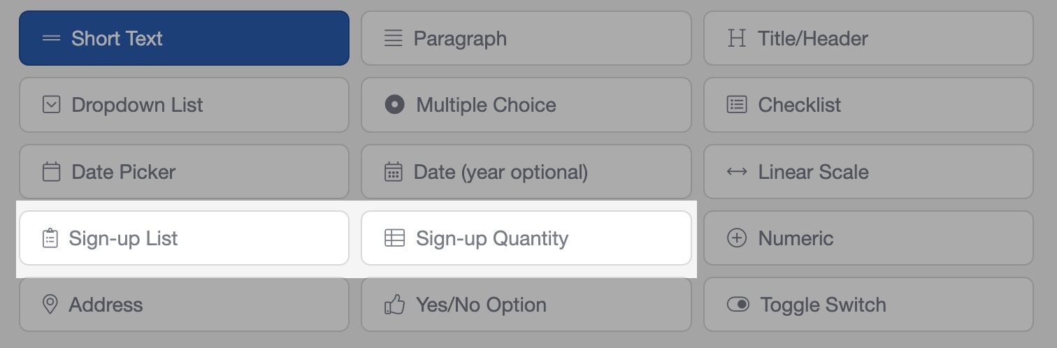 Sign-Up List and Quantity Fields for church registration forms