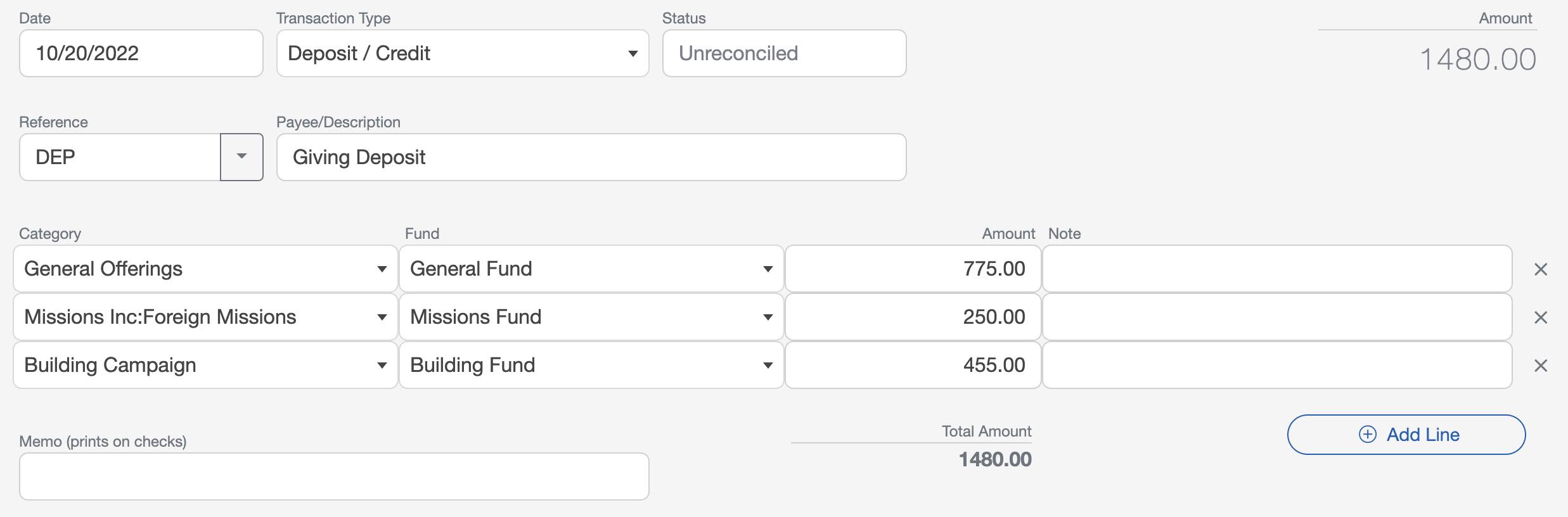 You can edit church donation details in the accounting software