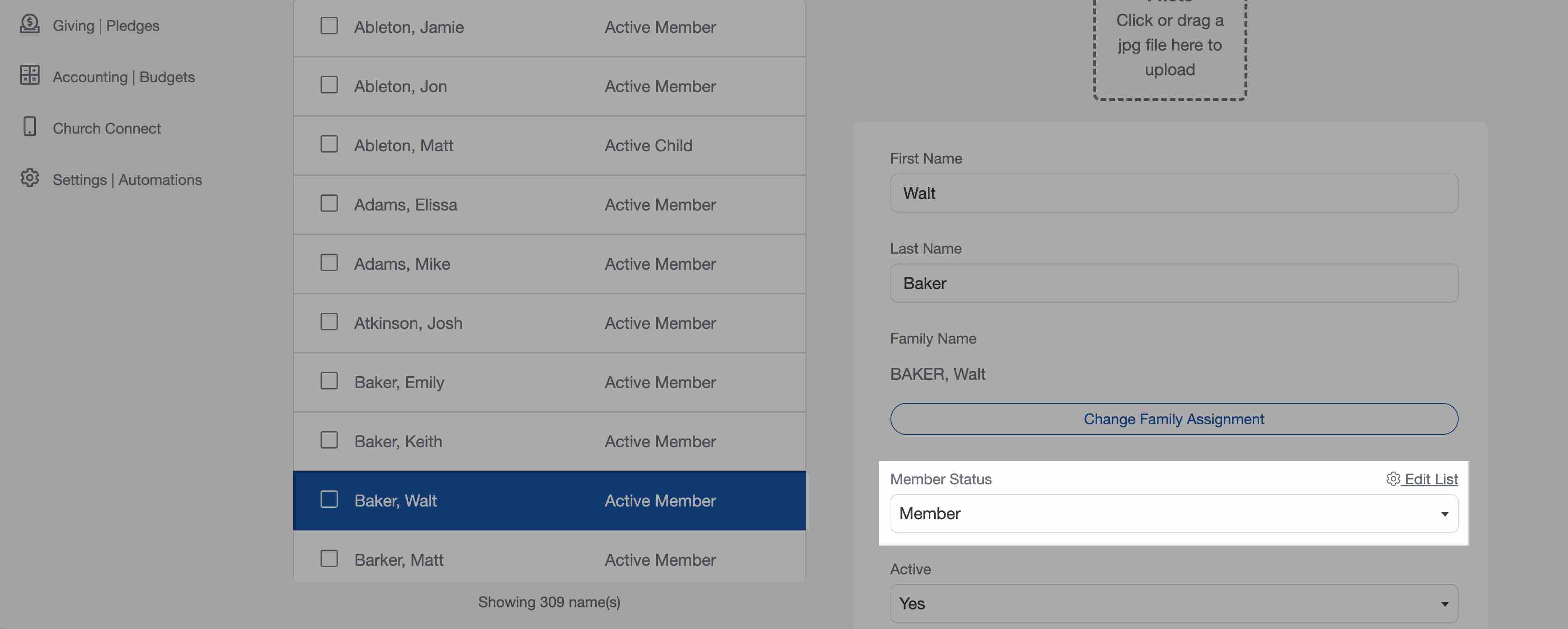 Editing the church membership of a person for your church directory