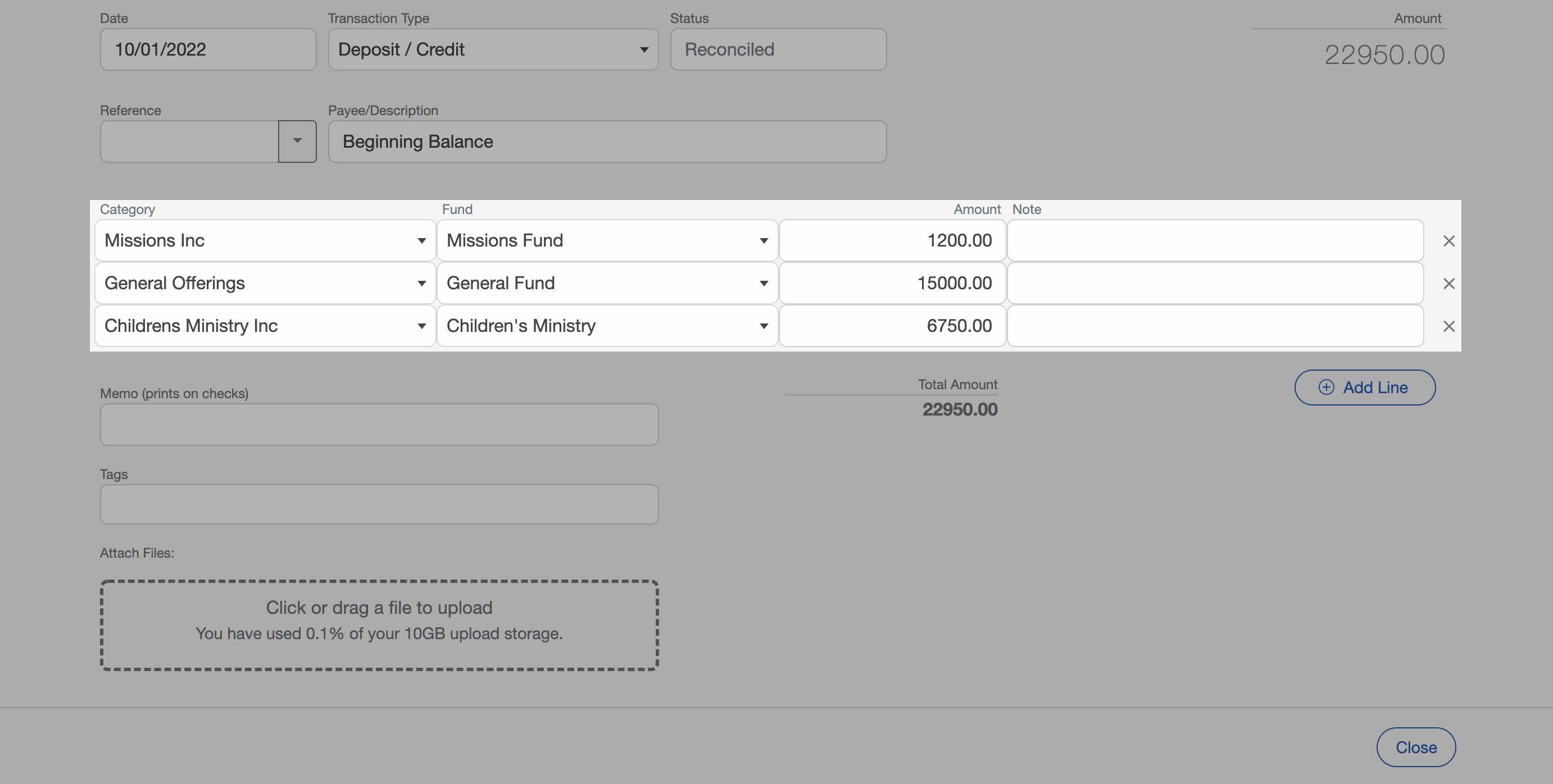 Edit the beginning balance transaction to track church funds