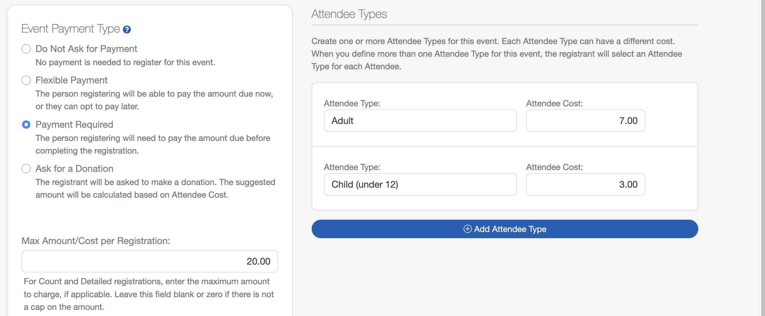 Attendee Types and Cost for church events in your church calendar in ChurchTrac