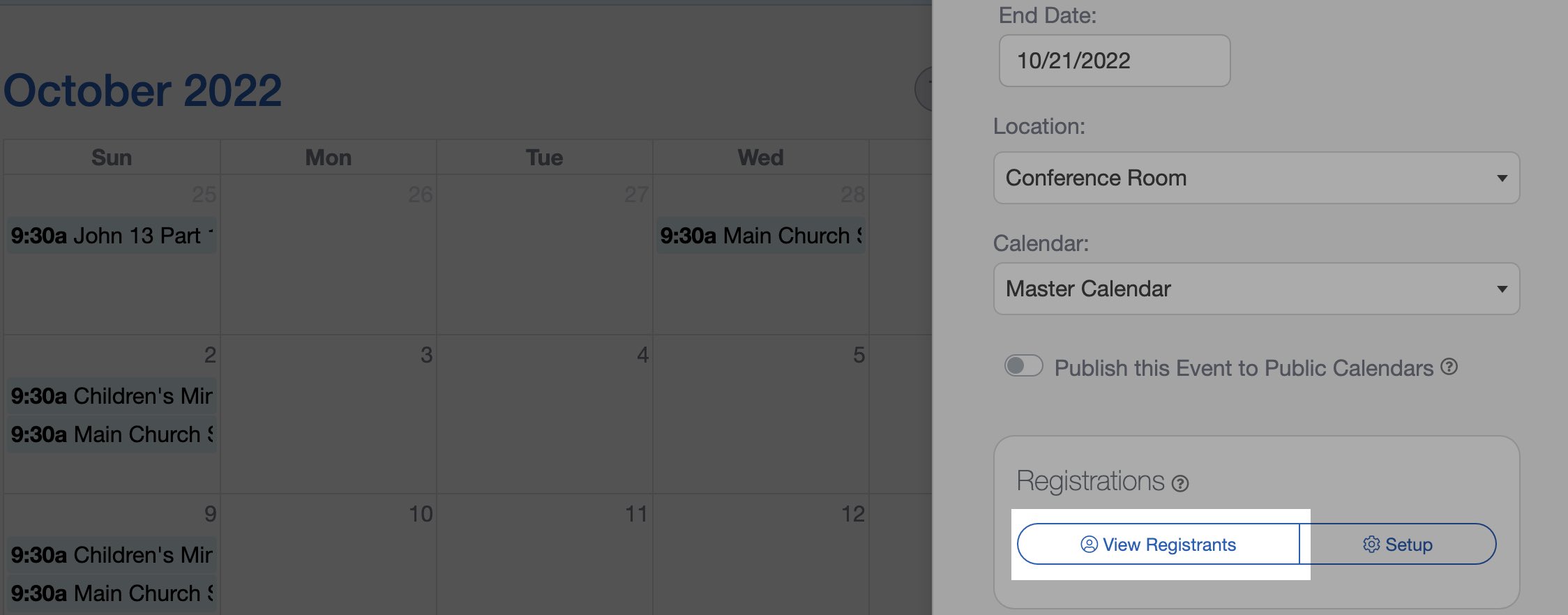 View Registrants for church events in your church calendar in ChurchTrac