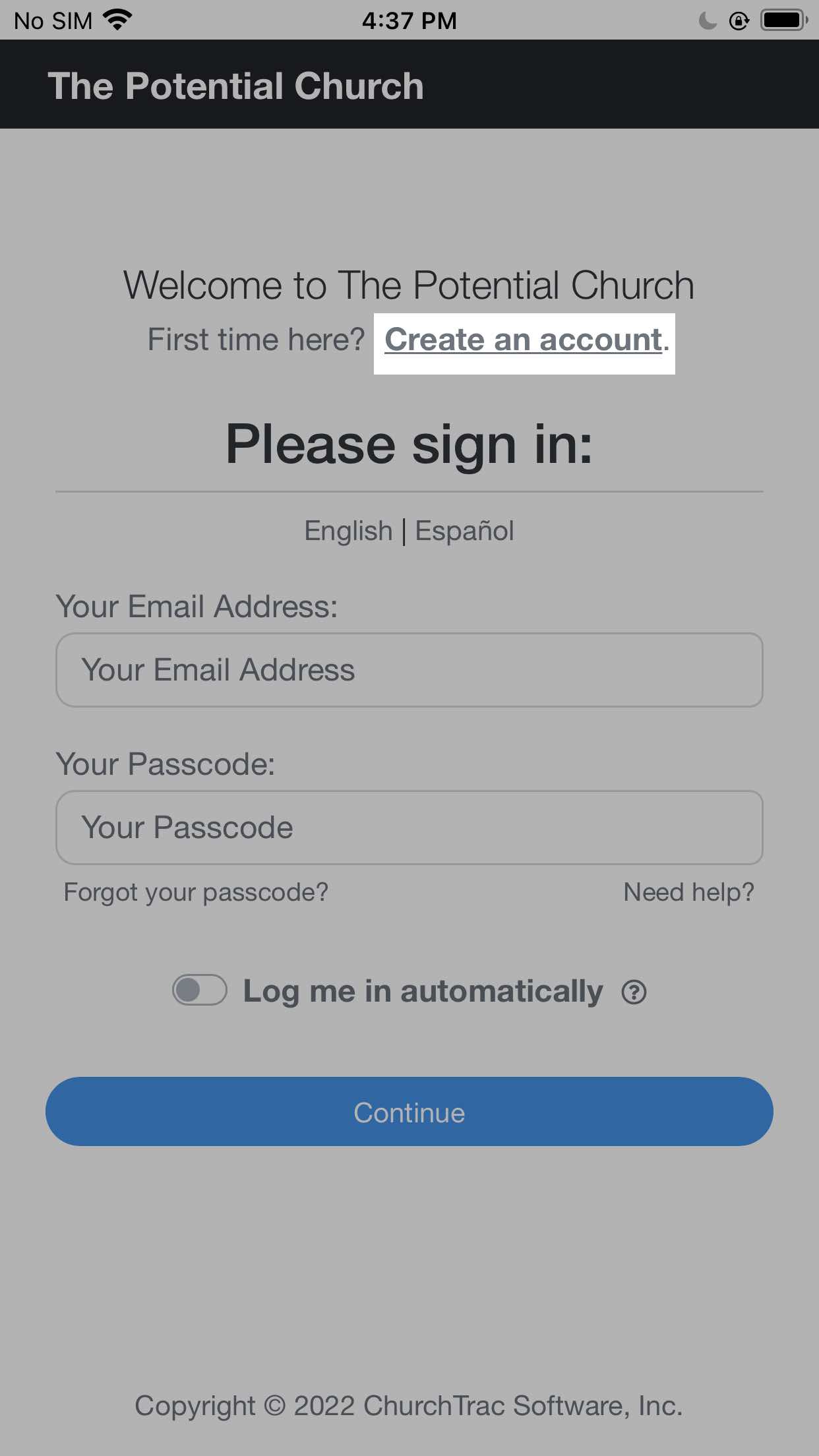 Register your account in the church app
