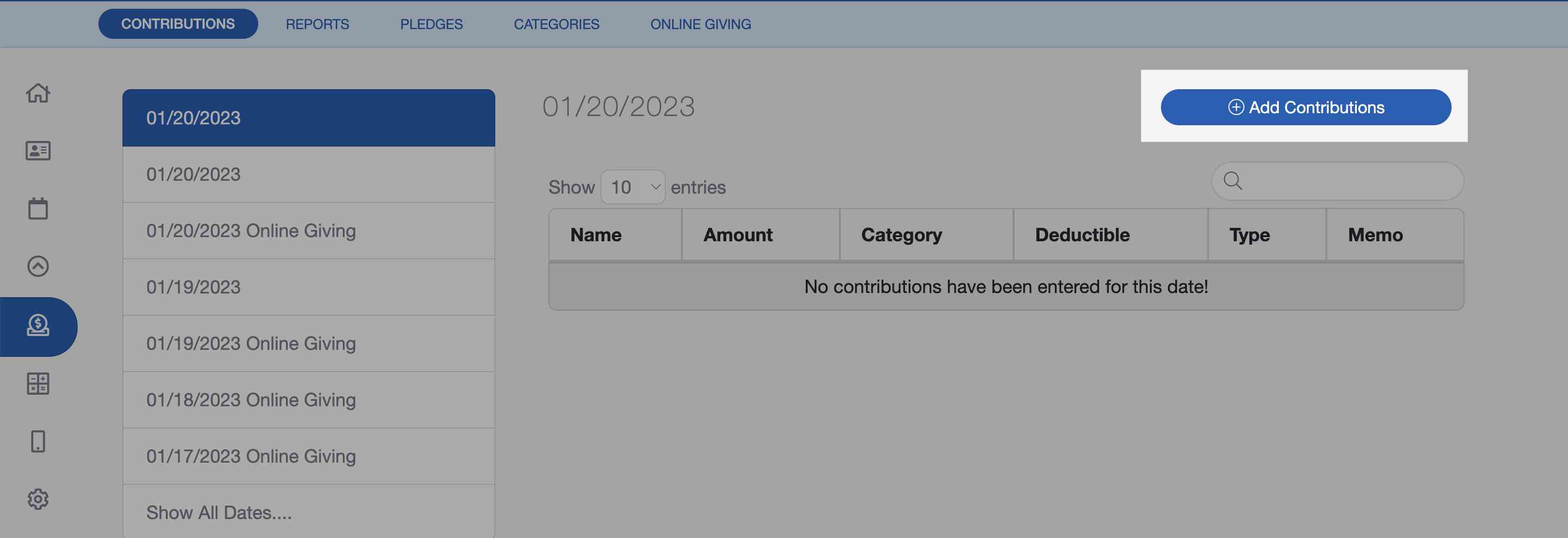 Adding giving dates in the church contribution tracking software.