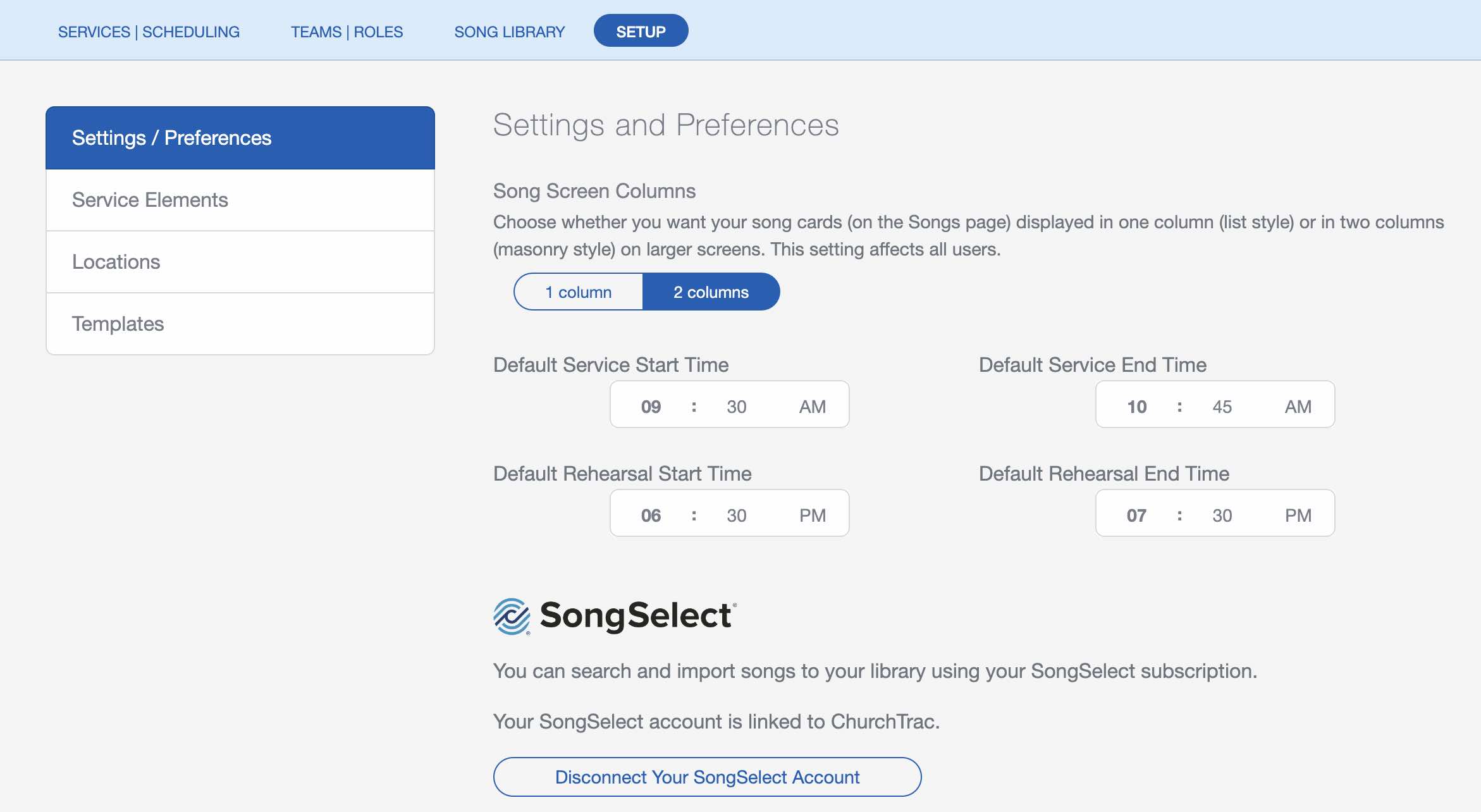 Worship Scheduling Software Settings