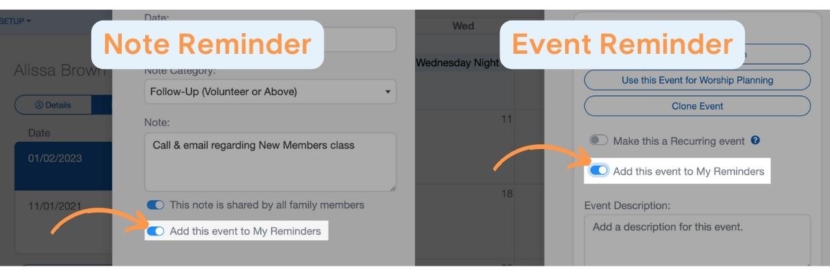 Note Reminders and Event Reminders